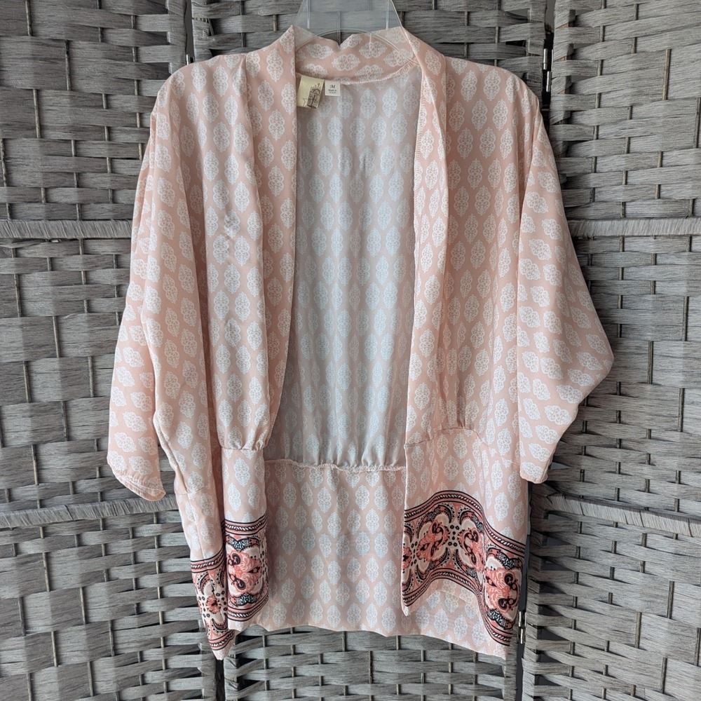 Pastel Kimono Cardigan Pastel Pink Damask Paisley Open Front Sz M Festival Boho